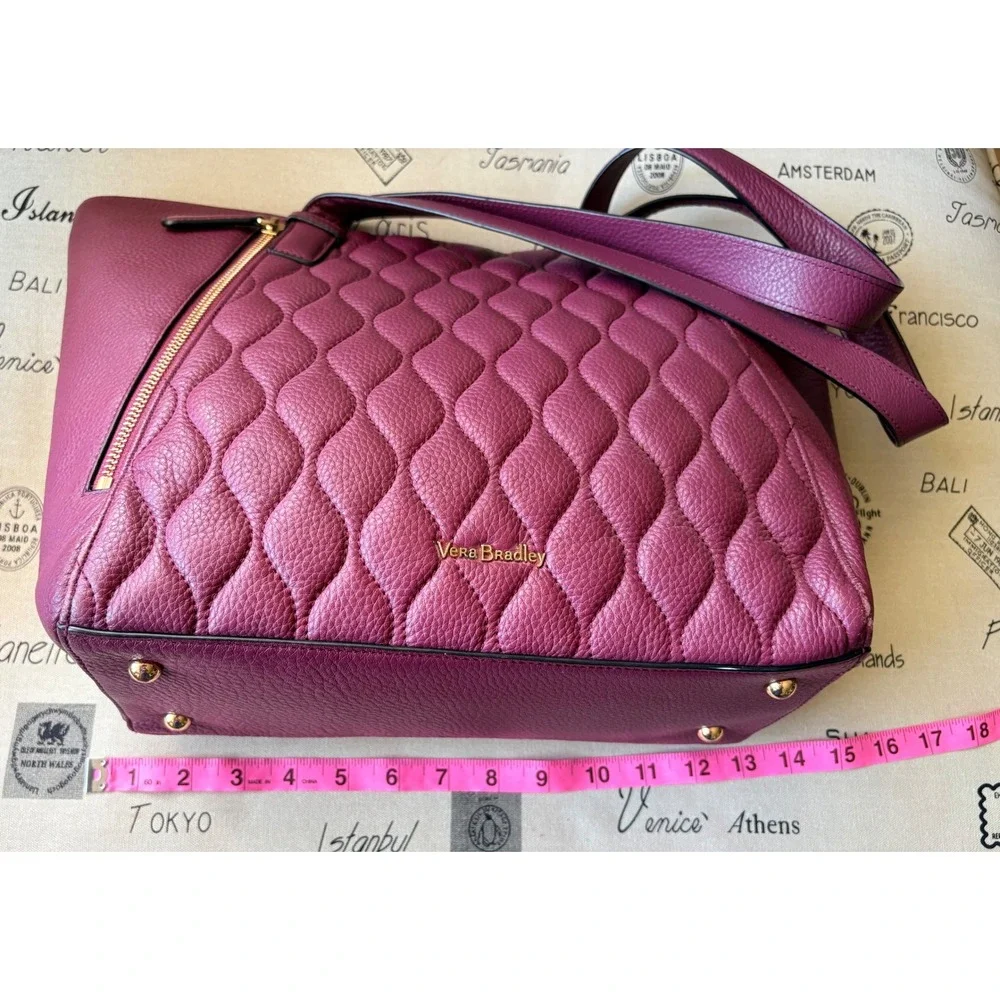 Vera Bradley Ella Tote Bag Aubergine Quilted Pebbled Leather Gold Hardware - Picture 7 of 11